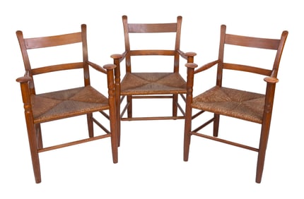SET OF THREE SHAKER MUSHROOM CAP ARMCHAIRS Late 19th Century Back heights 34". Seat heights 18".