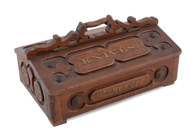 UNUSUAL CARVED AND PAINTED WALNUT CUTLERY BOX America, Circa 1873 Height 7". Length 13". Width 8.5".