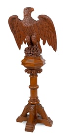 CARVED OAK EAGLE ON PEDESTAL 19th Century Eagle height 26". Width 25". Depth 12". Pedestal height