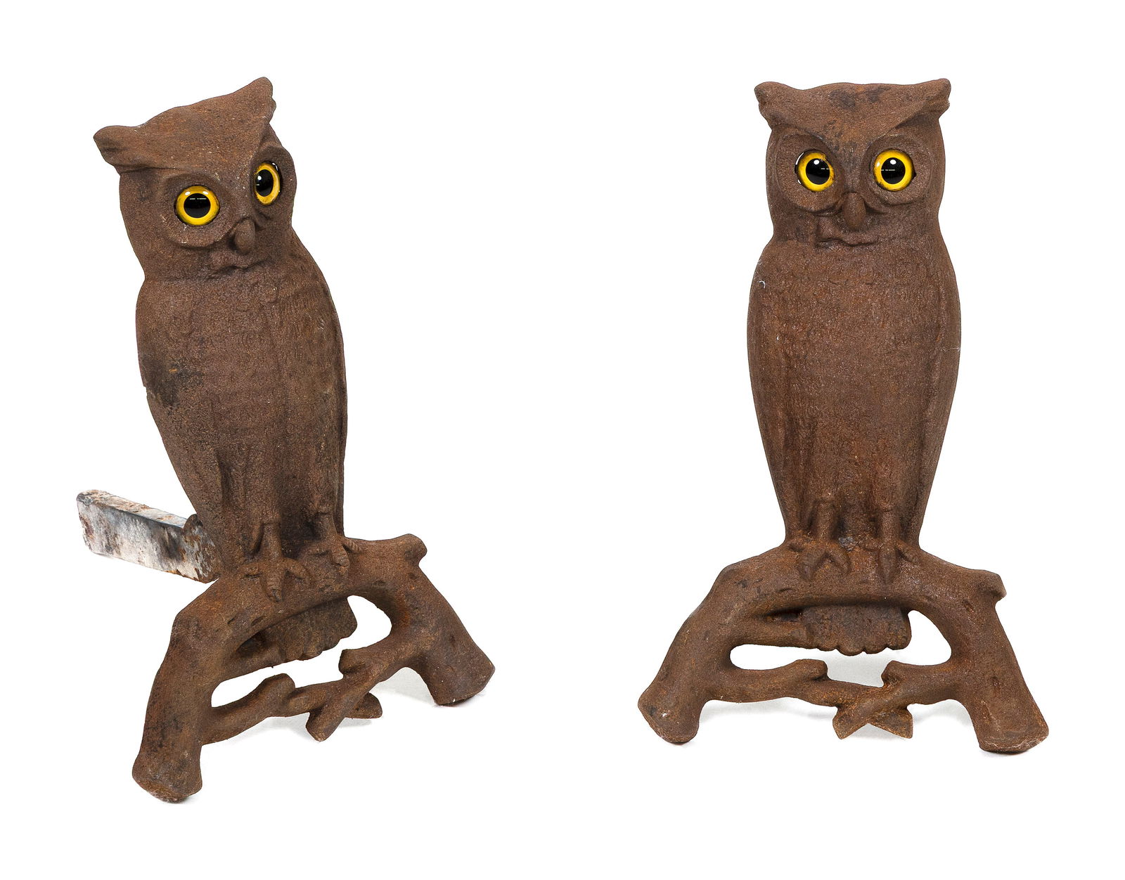 PAIR OF CAST IRON OWL ANDIRONS 20th Century Heights 16". (1 of 1)