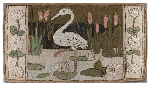 MOUNTED PICTORIAL HOOKED RUG Early 20th Century 29" x 55".