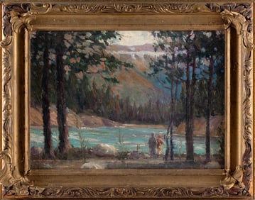 CARL SHREVE (Canada, Active 1920s-40s), Figures at the edge of a mountain river., Oil on board, 14"