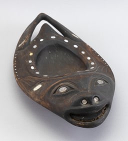 RARE INUIT INLAID WOODEN GREASE BOWL Late 19th Century Length 15".