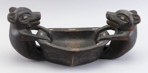 RARE INUIT INLAID WOODEN FEAST BOWL Late 19th Century Height 7". Width 17". Depth 7.25".