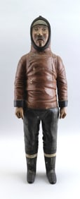 RARE CARVED AND PAINTED WOODEN FIGURE OF AN ESKIMO 19th Century Height 23".