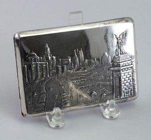 RARE SILVER CIGARETTE CASE WITH REPOUSS? VIEW OF SHANGHAI Circa 1930 Approx. 4.3 troy oz.