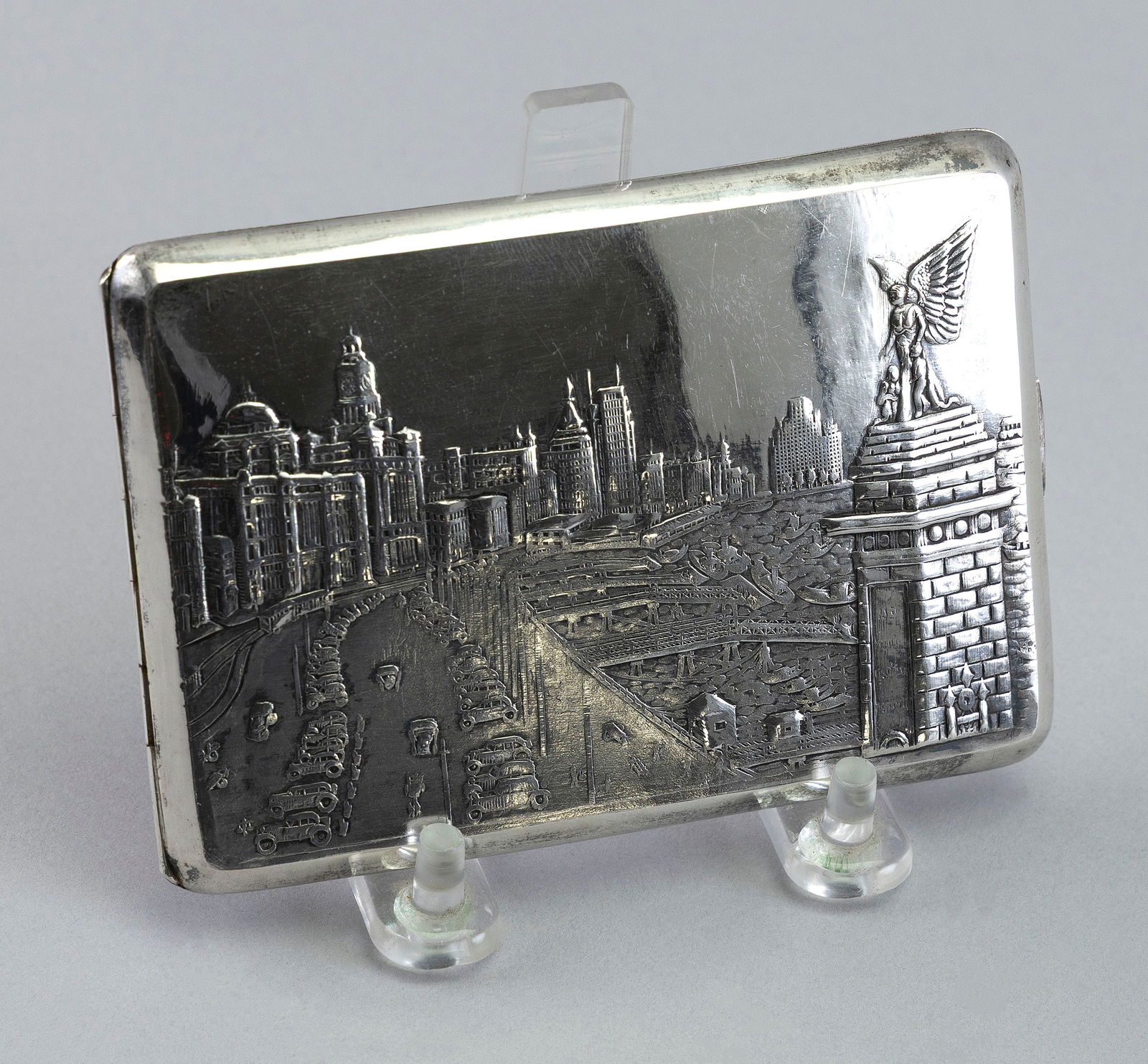 RARE SILVER CIGARETTE CASE WITH REPOUSS? VIEW OF SHANGHAI Circa 1930 Approx. 4.3 troy oz. (1 of 3)