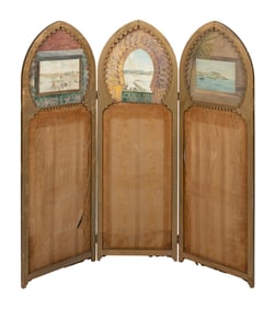 INTERESTING THREE-PANEL SCREEN WITH INSET WATERCOLORS OF TANGIERS Late 19th Century Each panel 54" x