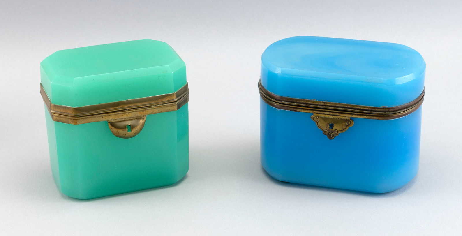 TWO FRENCH OPALINE GLASS DRESSER BOXES OR JEWELRY CASKETS Mid-19th Century Heights 4.375" and 4.25". (1 of 4)