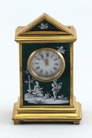 MINIATURE BRASS AND ENAMEL CLOCK Early 20th Century Height 3".