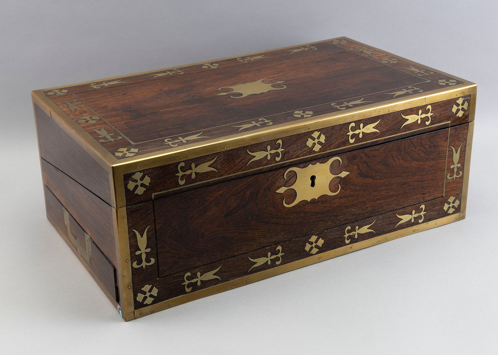 BRASS-INLAID ROSEWOOD LAP DESK 19th Century Height 7". Width 18". Depth 11.5". (1 of 3)