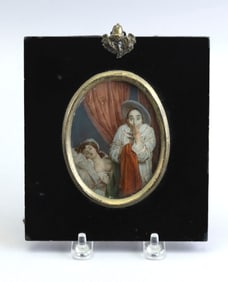 N. DUPRE PORTRAIT MINIATURE OF A NAUGHTY JESTER Mid-19th Century Portrait 3.25" x 2.5". Framed