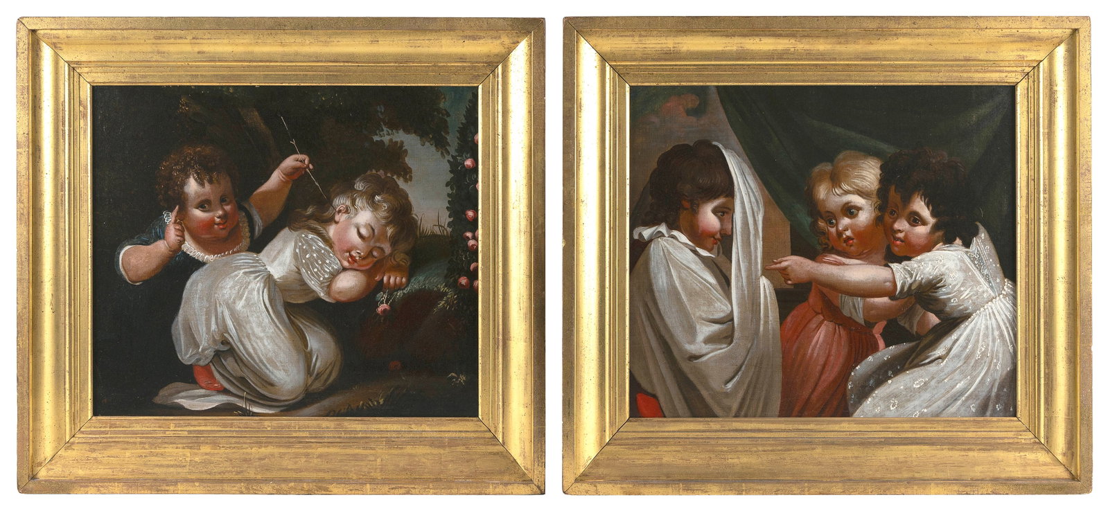 CHARLES BRUNO DONAT DELIN (England/The Netherlands, 1756-1818), Pair of portraits of children at: CHARLES BRUNO DONAT DELIN England/The Netherlands, 1756-1818 Pair of portraits of children at play. Unsigned. Oils on canvas, 17.25" x 21". Framed 23" x 26.25".