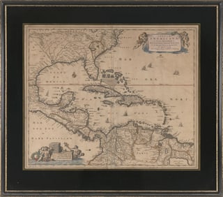 NICOLAES VISSCHER MAP "INSULE AMERICANE" Amsterdam, Circa 1680 19" x 23" sight. Framed 26" x 29".