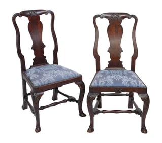 PAIR OF ENGLISH QUEEN ANNE WALNUT SIDE CHAIRS 19th Century Back heights 40". Seat heights 18".