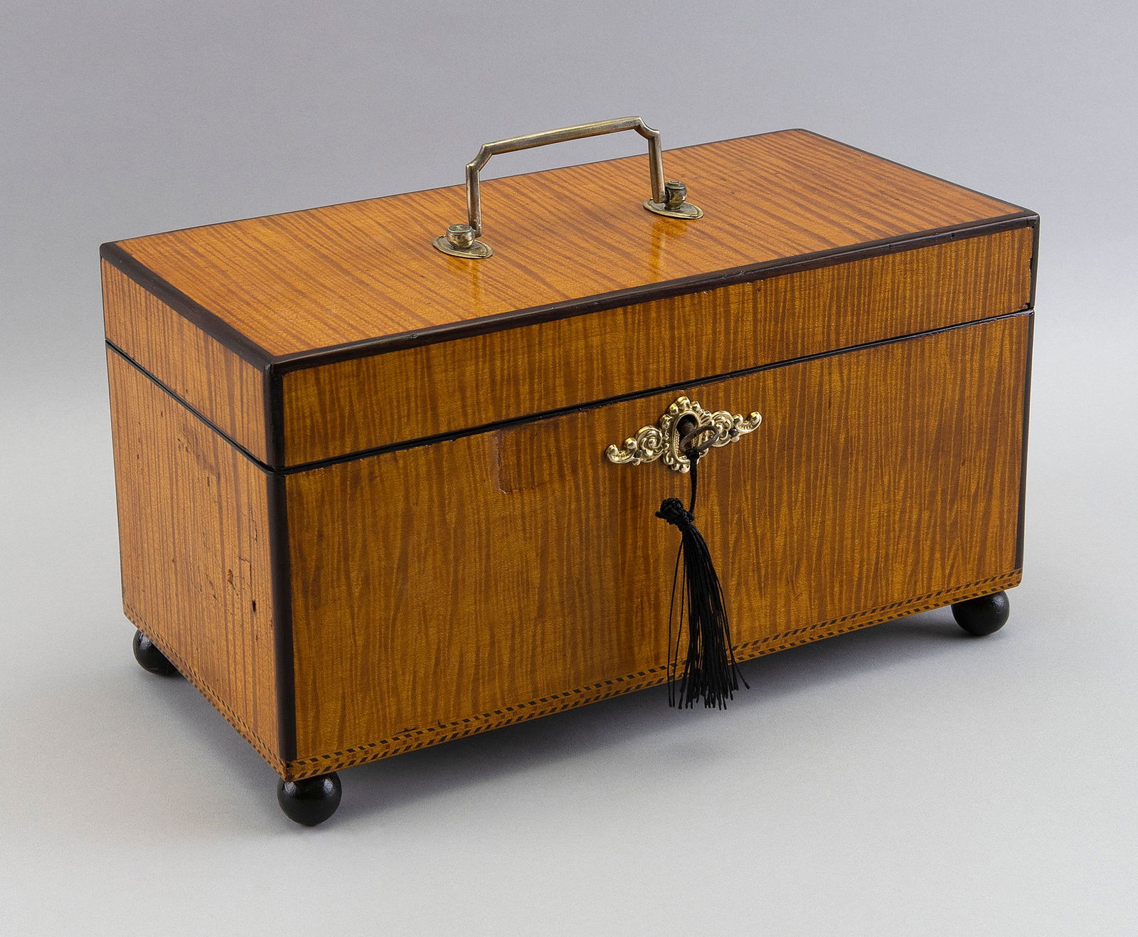 ENGLISH TIGER STRIPED SATINWOOD TEA CADDY 19th Century Height 12". Width 6". Depth 6.75". (1 of 3)