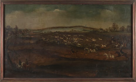 ENGLISH SCHOOL (19th Century,), Fox hunting scene., Oil on canvas, 30.5" x 51.5". Framed 33.5" x