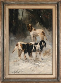 HENRY SCHOUTEN (Belgium/Indonesia, 1859/67-1927), Three spaniels in the snow., Oil on canvas, 35" x