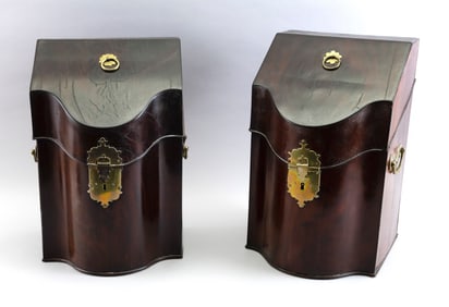 PAIR OF ENGLISH MAHOGANY AND MAHOGANY VENEER KNIFE BOXES 19th Century Heights 14". Widths 9". Depths