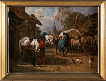 CHARLES COUMONT (Belgium, 1822-1889), Continental village scene., Oil on canvas, 18" x 25". Framed