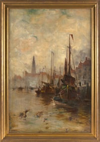 CONTINENTAL SCHOOL (Late 19th/Early 20th Century,), Boats tied up to a city pier., Oil on canvas,