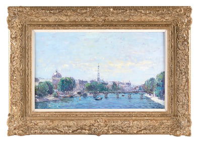 NIEK VAN DER PLAS (The Netherlands, 1954-), "De Seine, Paris"., Oil on panel, 12" x 20". Framed 19"
