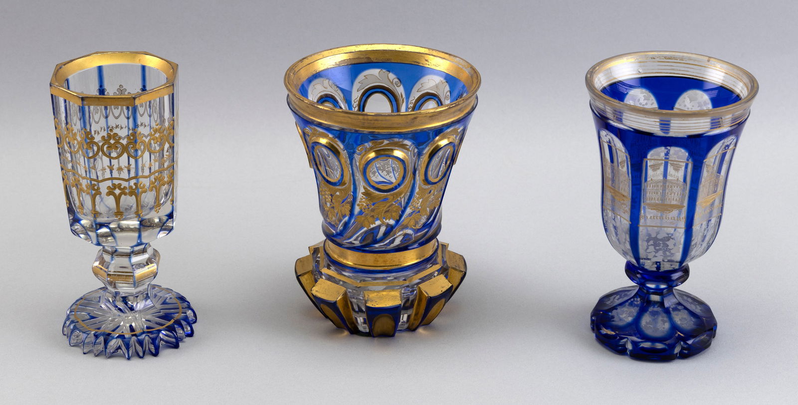 THREE PIECES OF FINE BOHEMIAN COBALT BLUE CUT OVERLAY GLASS 19th Century (1 of 2)