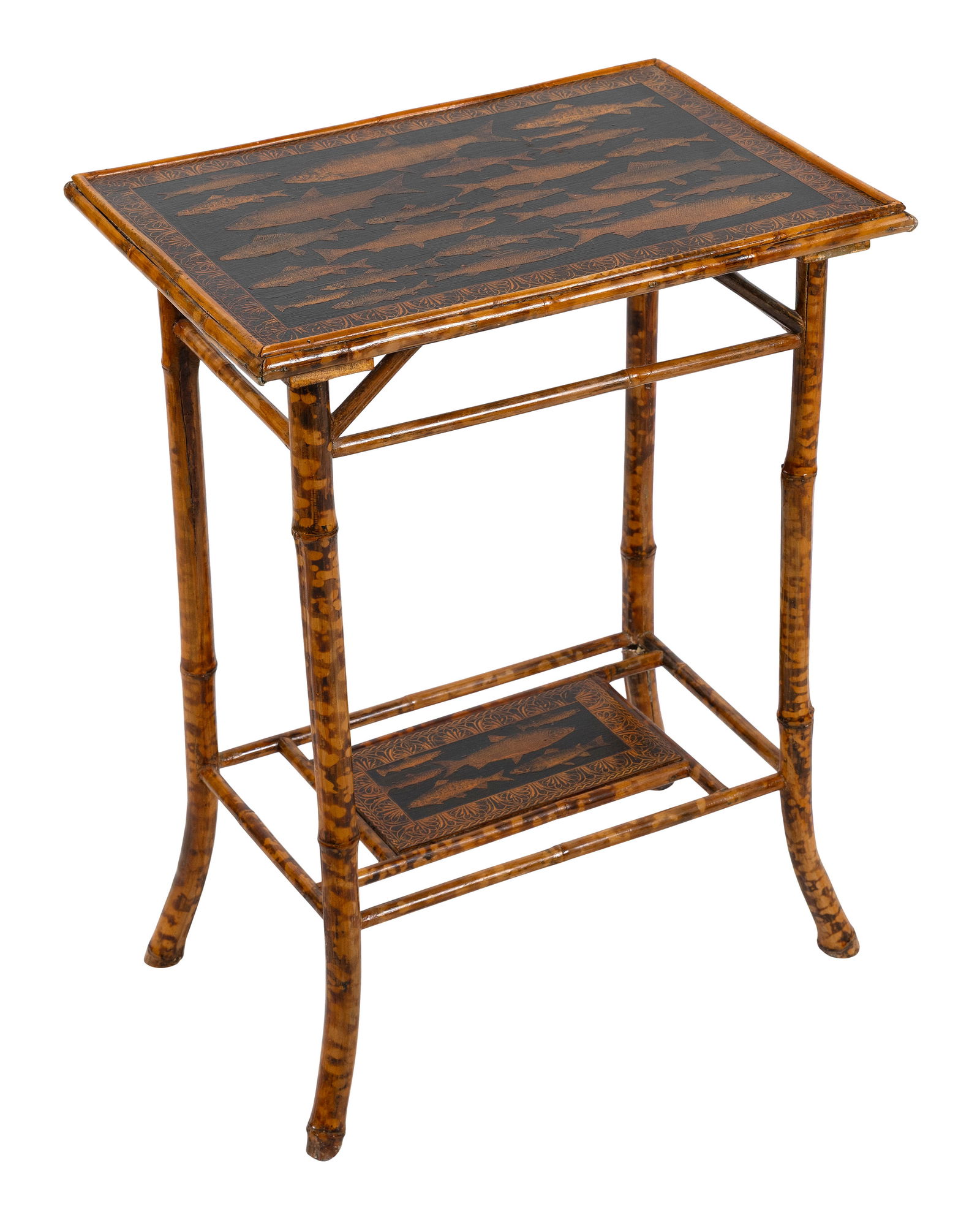 ENGLISH SCORCHED BAMBOO TWO-TIER STAND Late 19th Century Height 27.5". Length 20". Width 14". (1 of 2)