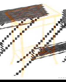 ENGLISH SCORCHED BAMBOO TWO-TIER STAND Late 19th Century Height 27.5". Length 20". Width 14".: ENGLISH SCORCHED BAMBOO TWO-TIER STANDLate 19th CenturyWith fish decoupage.Height 27.5". Length 20". Width 14".