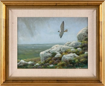 JULIAN FRIERS (Ireland, 1956-), Peregrine in flight over a seacoast., Oil on board, 11" x 15.5".