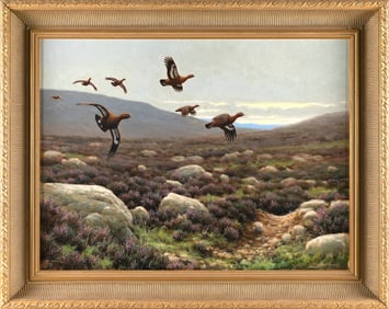 JULIAN FRIERS (Ireland, 1956-), Grouse in flight over the moors., Oil on canvas, 24" x 32". Framed