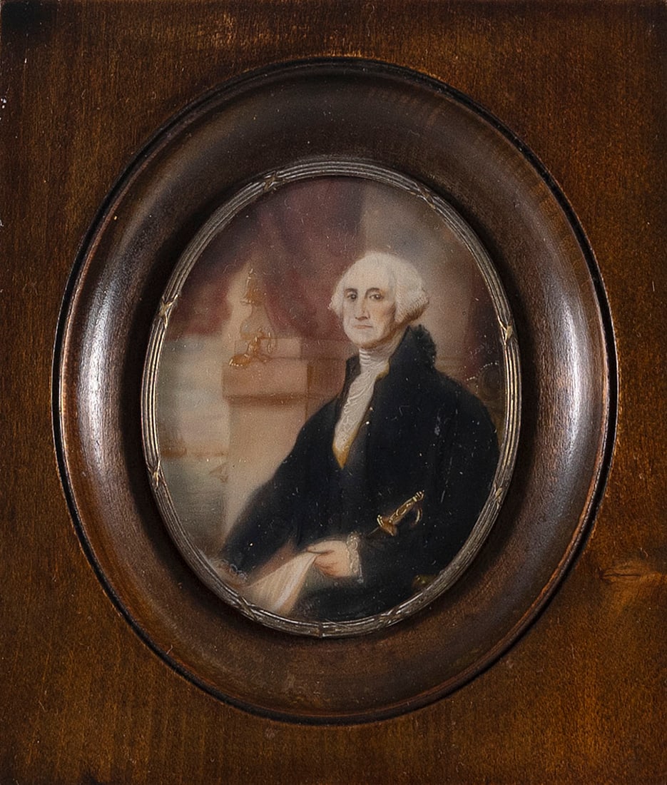PORTRAIT MINIATURE OF GEORGE WASHINGTON 19th Century 3.25" x 2.5". Framed 6" x 4.75". (1 of 2)