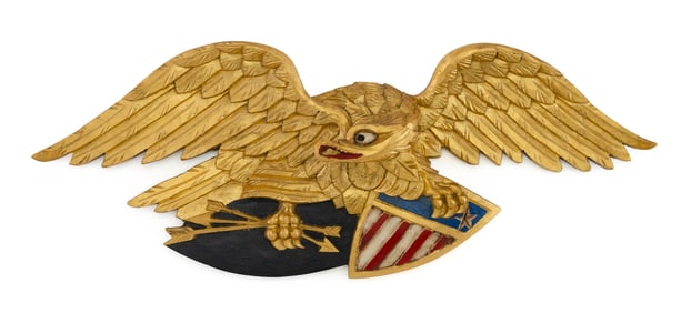 WILLARD SHEPARD GILT AND POLYCHROMED EAGLE PLAQUE Waterford, Connecticut, 1912-1965 Length 23".