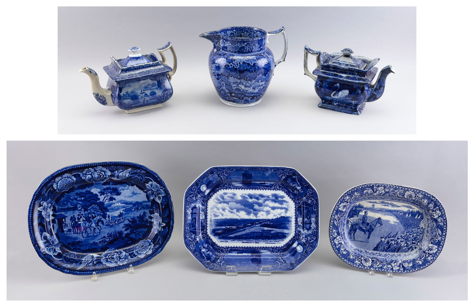 FIVE PIECES OF STAFFORDSHIRE England, 19th Century: FIVE PIECES OF STAFFORDSHIREEngland, 19th CenturyTogether with a Buffalo Pottery "Grand Review of the Army" platter. All with Flow Blue decoration. Staffordshire includes:1-2) Two platters, one with a