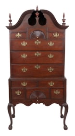 CHIPPENDALE BONNET-TOP HIGHBOY New England, Circa 1775 Height 80". Width 36.5". Depth 20.25".