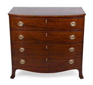 HEPPLEWHITE MAHOGANY AND MAHOGANY VENEER SWELL-FRONT BUREAU Circa 1800 Height 37.75". Width 40.5".
