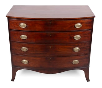 HEPPLEWHITE MAHOGANY AND MAHOGANY VENEER BOWFRONT BUREAU Massachusetts, Circa 1800 Height 35.75".