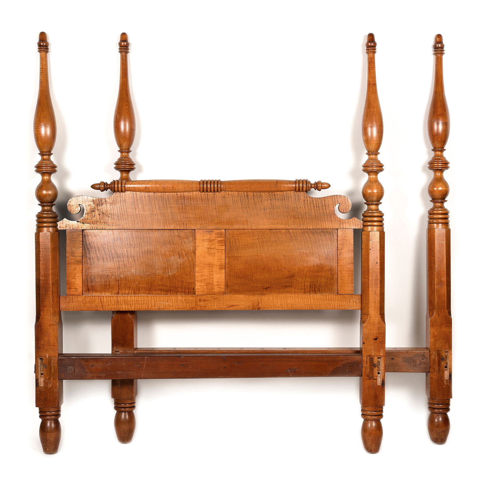 TIGER MAPLE FOUR-POST PLANTATION BED Kentucky, Circa 1830 Height 78". Width 83". Length across bolts (1 of 2)