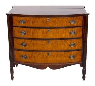 SHERATON MAPLE AND TIGER MAPLE BOWFRONT BUREAU Circa 1820 Height 38". Width 42". Depth 21".