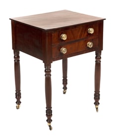 SHERATON MAHOGANY TWO-DRAWER STAND 19th Century Height 29.75". Width 21.5". Depth 18.75".