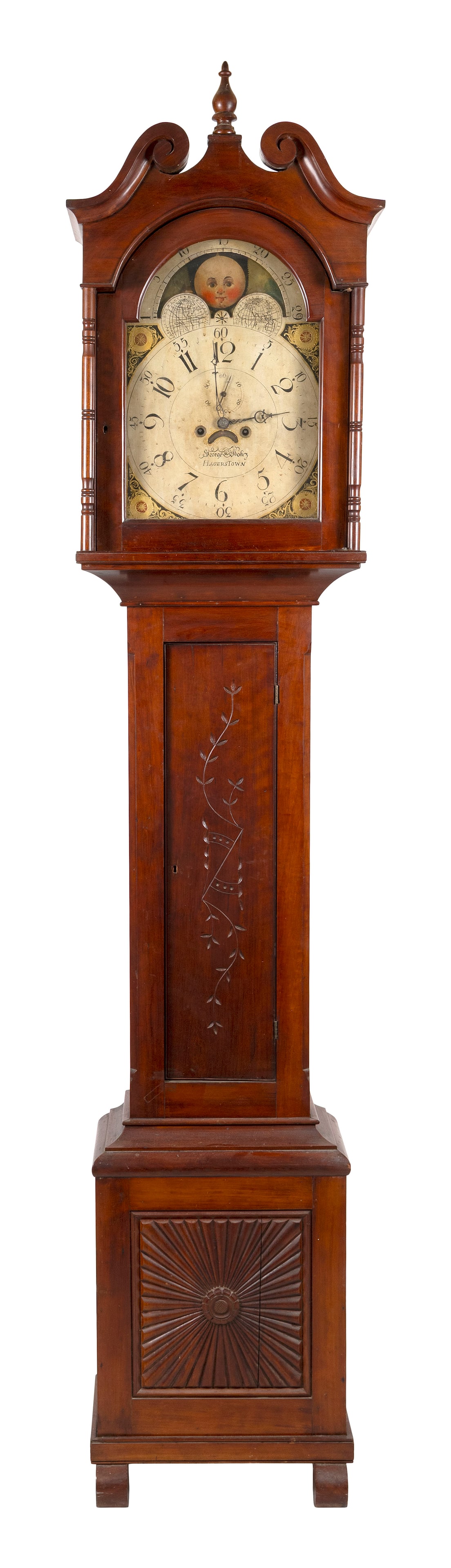 GEORGE WOLTZ (1744-1811) TALL-CASE CLOCK Hagerstown, Maryland, 19th Century Height approx. 100".: GEORGE WOLTZ (1744-1811) TALL-CASE CLOCK Hagerstown, Maryland, 19th Century Walnut case. Bonnet with broken arch pediment, central turned finial and full columns flanking the dial door. Trunk with cha
