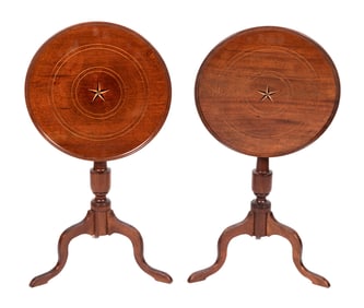PAIR OF INLAID MAHOGANY TILT-TOP TABLES Late 19th Century Heights 26". Diameters 19".