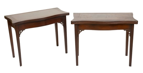 PAIR OF CHIPPENDALE-STYLE SERPENTINE CARD TABLES Late 19th Century Heights 29". Widths 36". Depths
