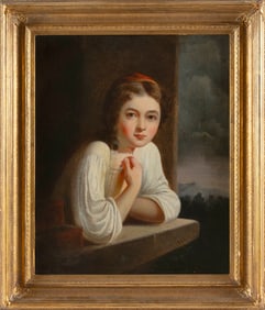 AMERICAN SCHOOL (19th Century,), Portrait of a young girl fingering her strand of pearls., Oil on