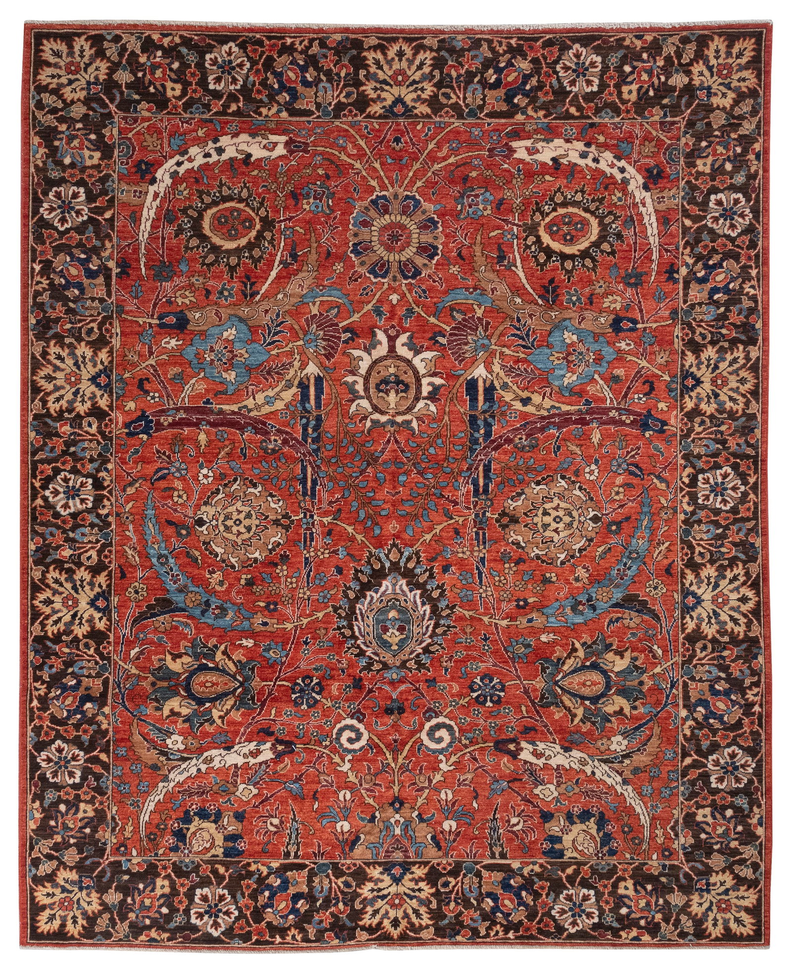 HERIZ RUG: 8'0" X 9'10" 21st Century: HERIZ RUG: 8'0" X 9'10" 21st Century Rust red field with a colorful and dramatic array of curved serrated leaves, bold blossoms and budding branches. Single broad variegated walnut brown border with b