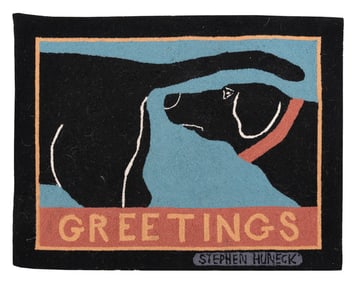 STEPHEN HUNECK "GREETINGS" HOOKED WOOL RUG 2000s 30" x 38".