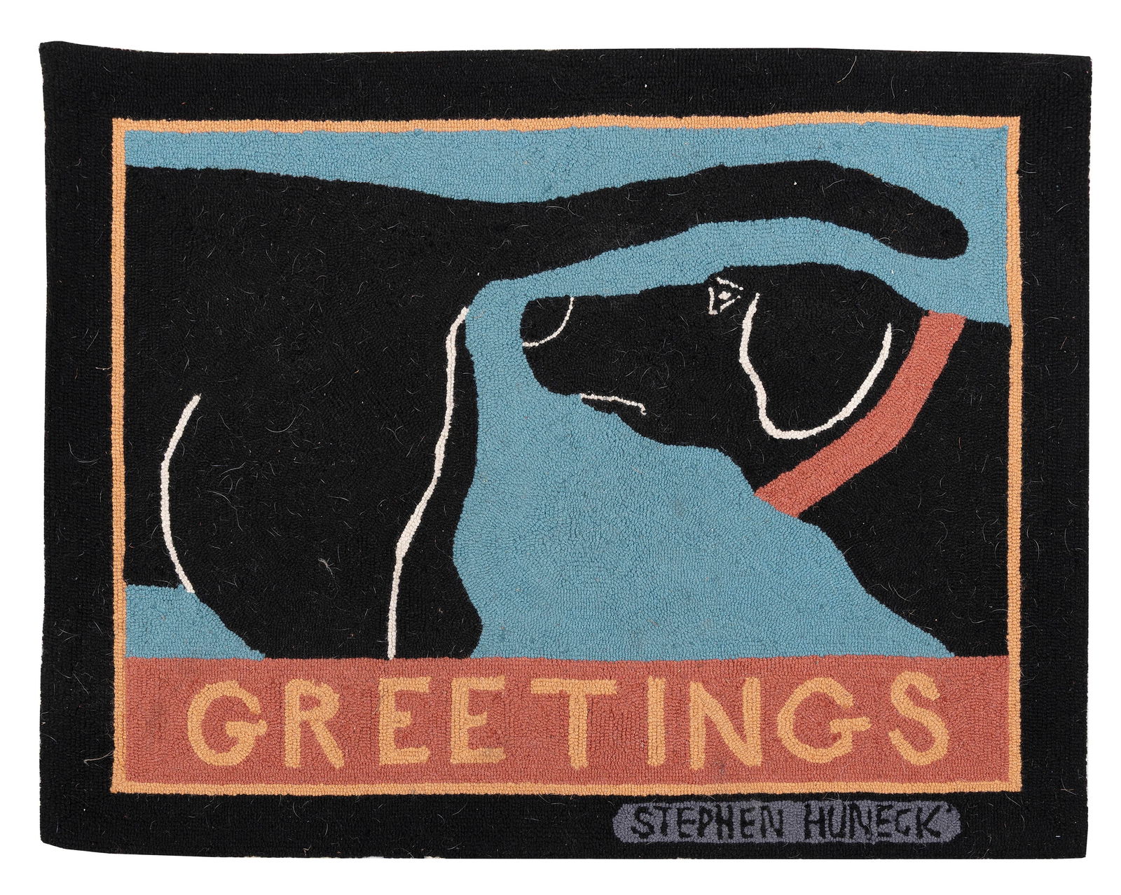 STEPHEN HUNECK "GREETINGS" HOOKED WOOL RUG 2000s 30" x 38". (1 of 1)