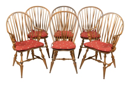 SET OF SIX D.R. DIMES WINDSOR CHAIRS New Hampshire, 20th Century Back heights 38". Seat heights 18".