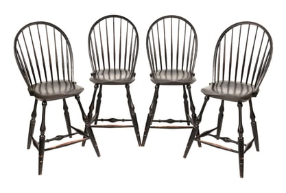 SET OF FOUR WARREN CHAIR WORKS WINDSOR STOOLS Warren, Rhode Island, 20th Century Back heights 43.5".