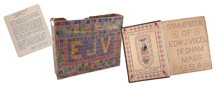 ONE-OF-A-KIND ALBUM OF "STAMP PLAQUES" CREATED BY EDWARD J. VOGEL OF DEDHAM, MASSACHUSETTS Dated